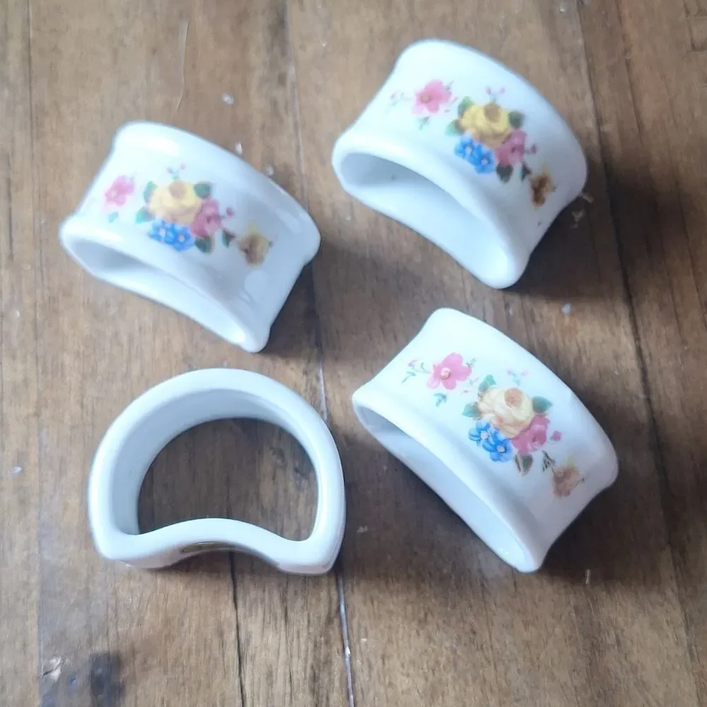 Vintage Floral Porcelain Napkin Rings Set Of 4